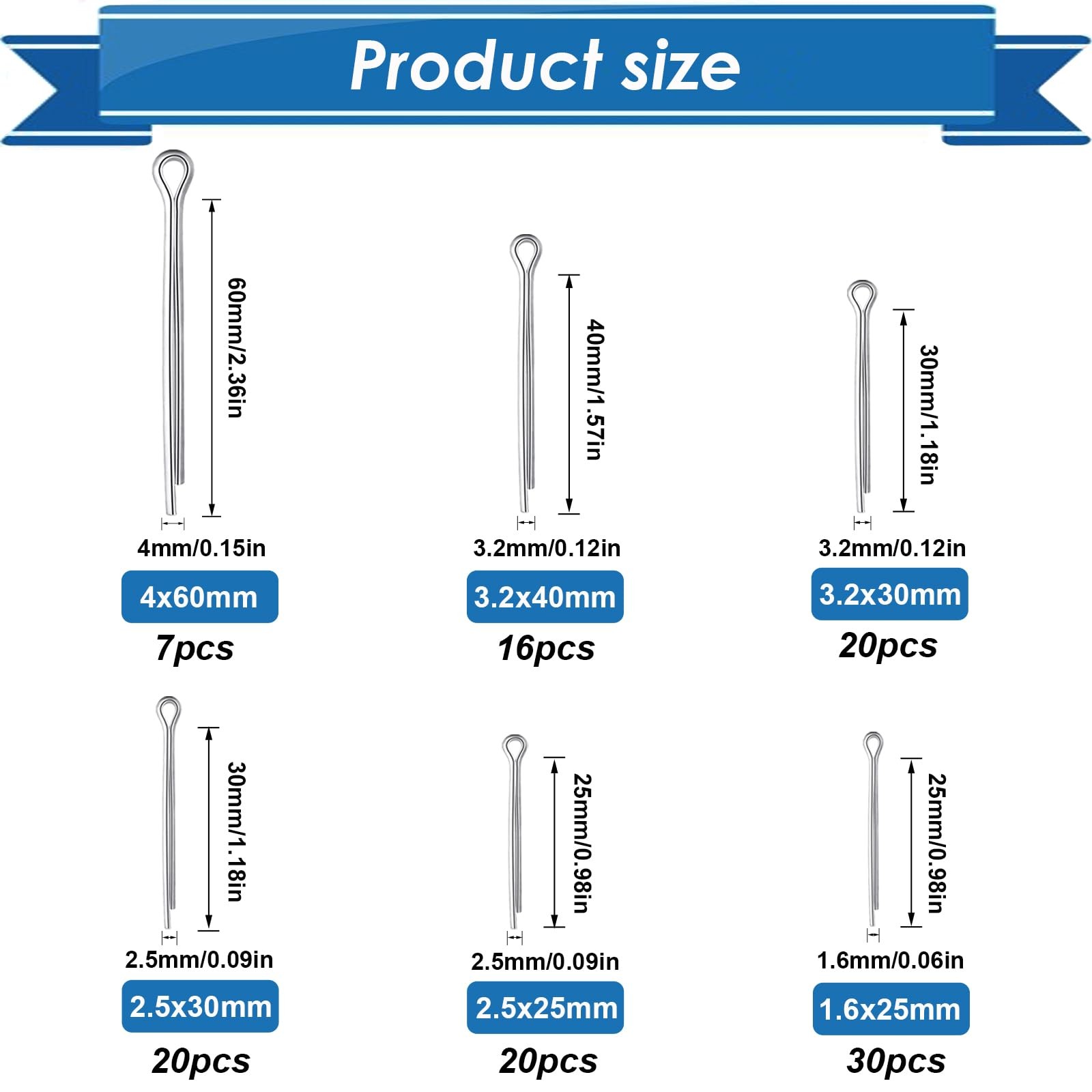 Eoppen Cotter Pin Assortment Kit - 304 Stainless 200Pcs - 13 Sizes, Silver
