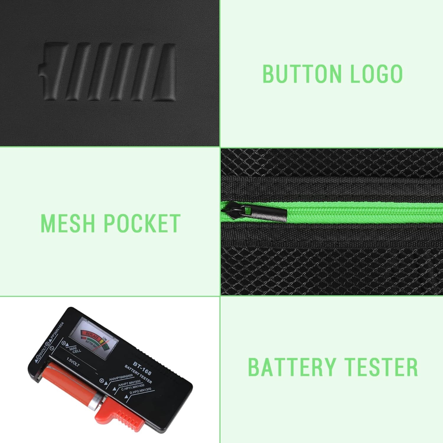 Battery Organizer Storage Case with Tester for AA AAA Button black-green