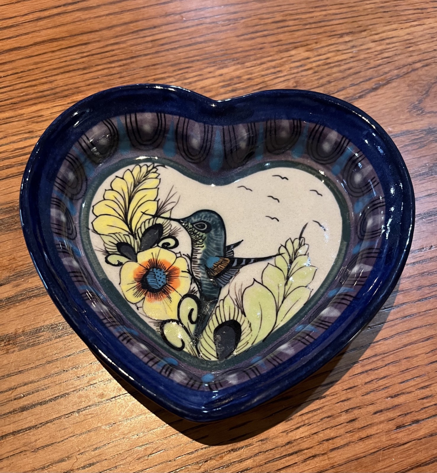 Heartshaped Pottery Dish with Hummingbird/Flower Artwork, signed