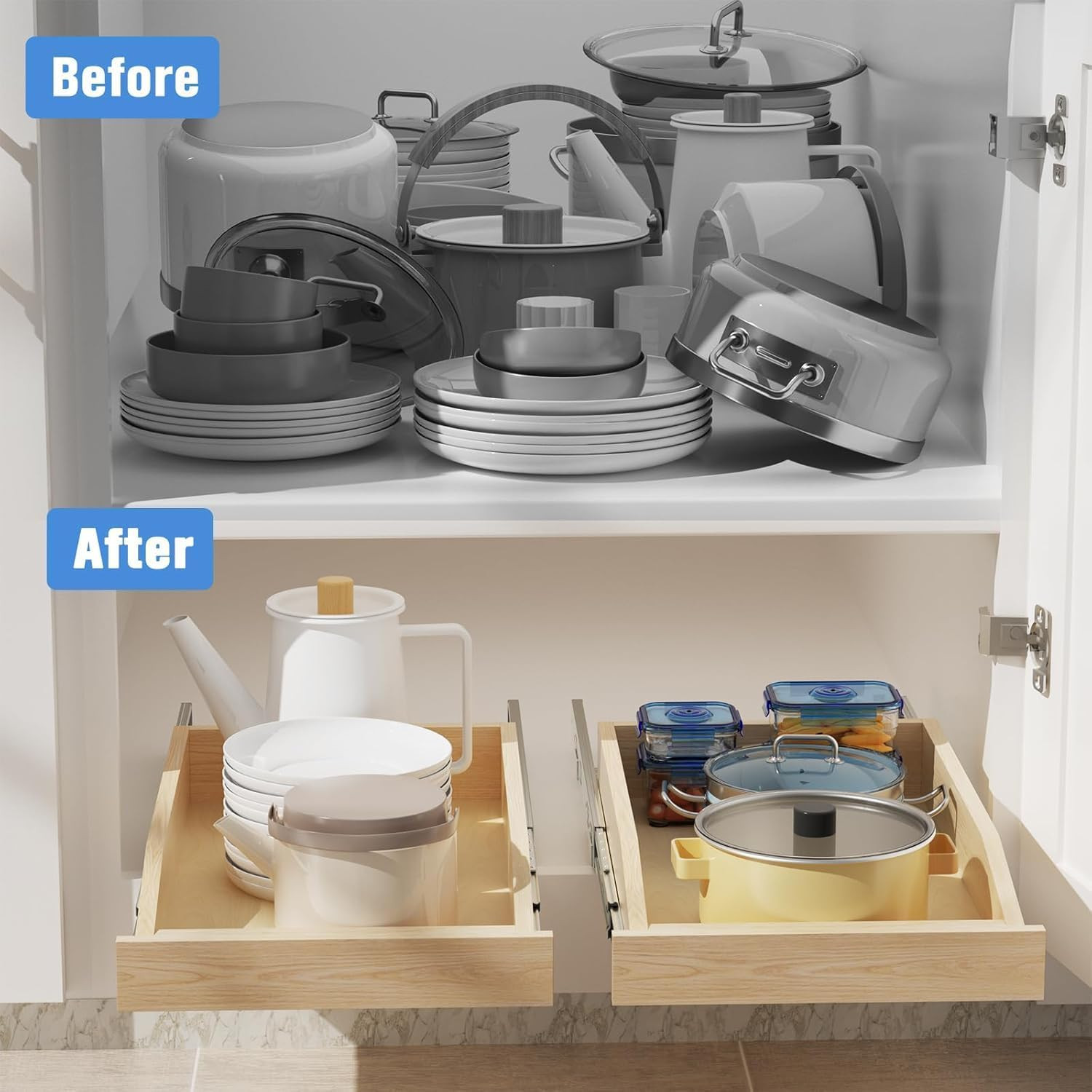 Single Pull Out Organizer 10-1/2”W X 21”D, Soft Close Slide Out Drawer Storage S