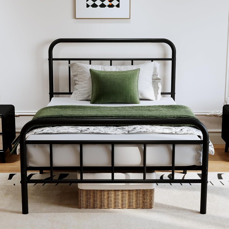 14Inch Metal Bed Frame,Twin Size Bed Frame with Upholstered Headboard,Heavy Duty
