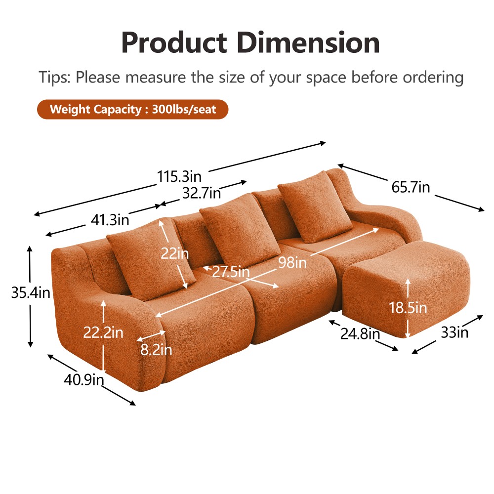 3-Seat Sofa w/ Teddy Fabric, Anti-Slip Base & Curved Armrests - Orange