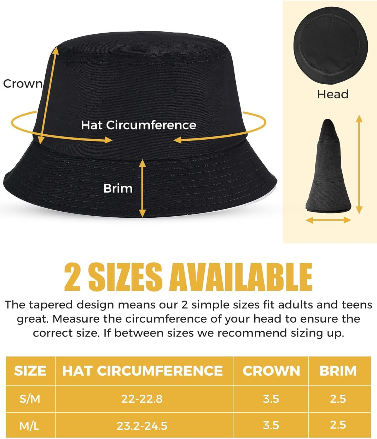 Unisex Bucket Hat for Women Men Cotton Summer Sun Beach Hat, Large, Black