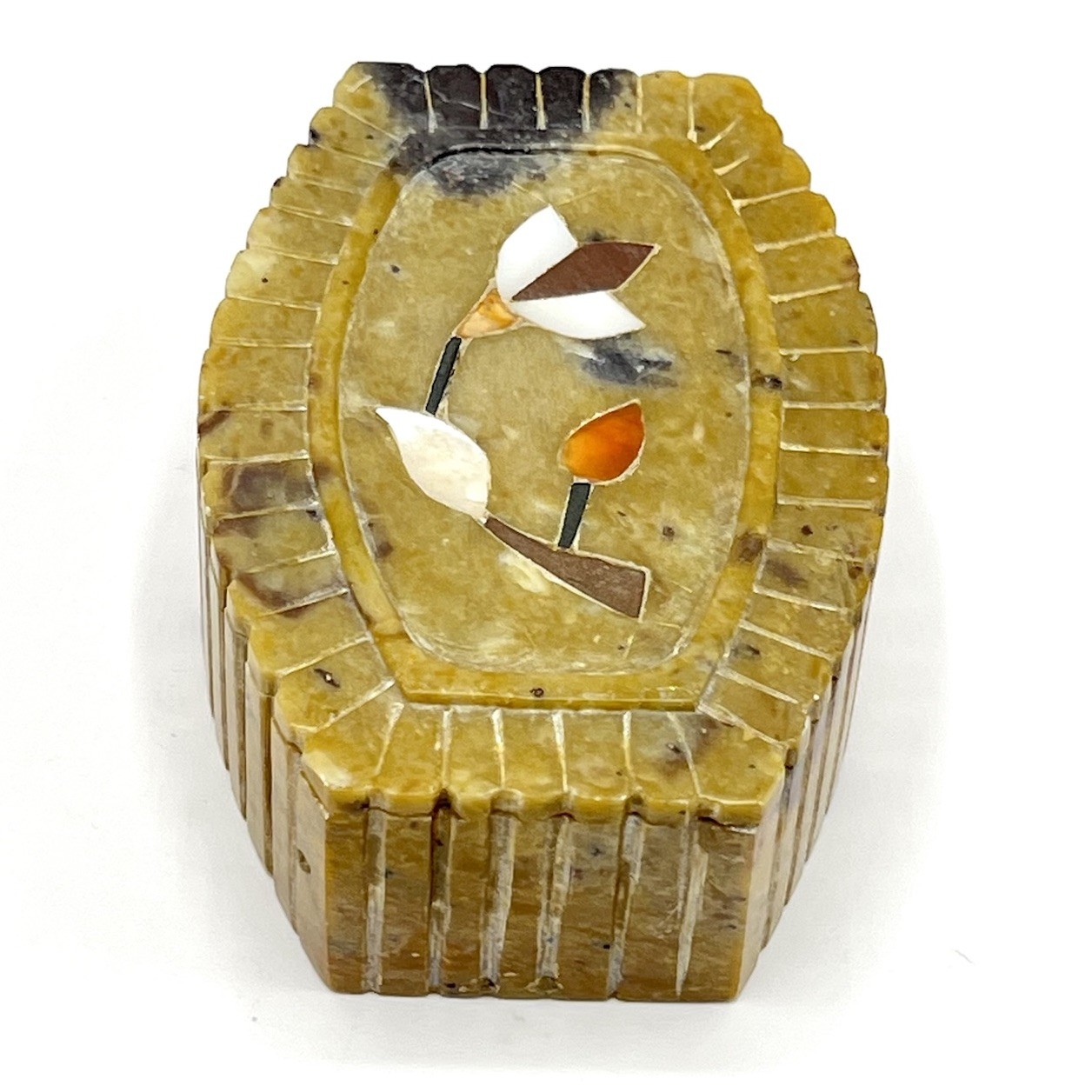 Handmade Soapstone Jewelry Trinket Box With Floral Inlay Pattern