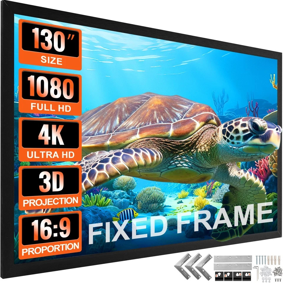 130" Aluminum Fixed Frame 16:9 Projector Screen Velvet Matte Home Theater