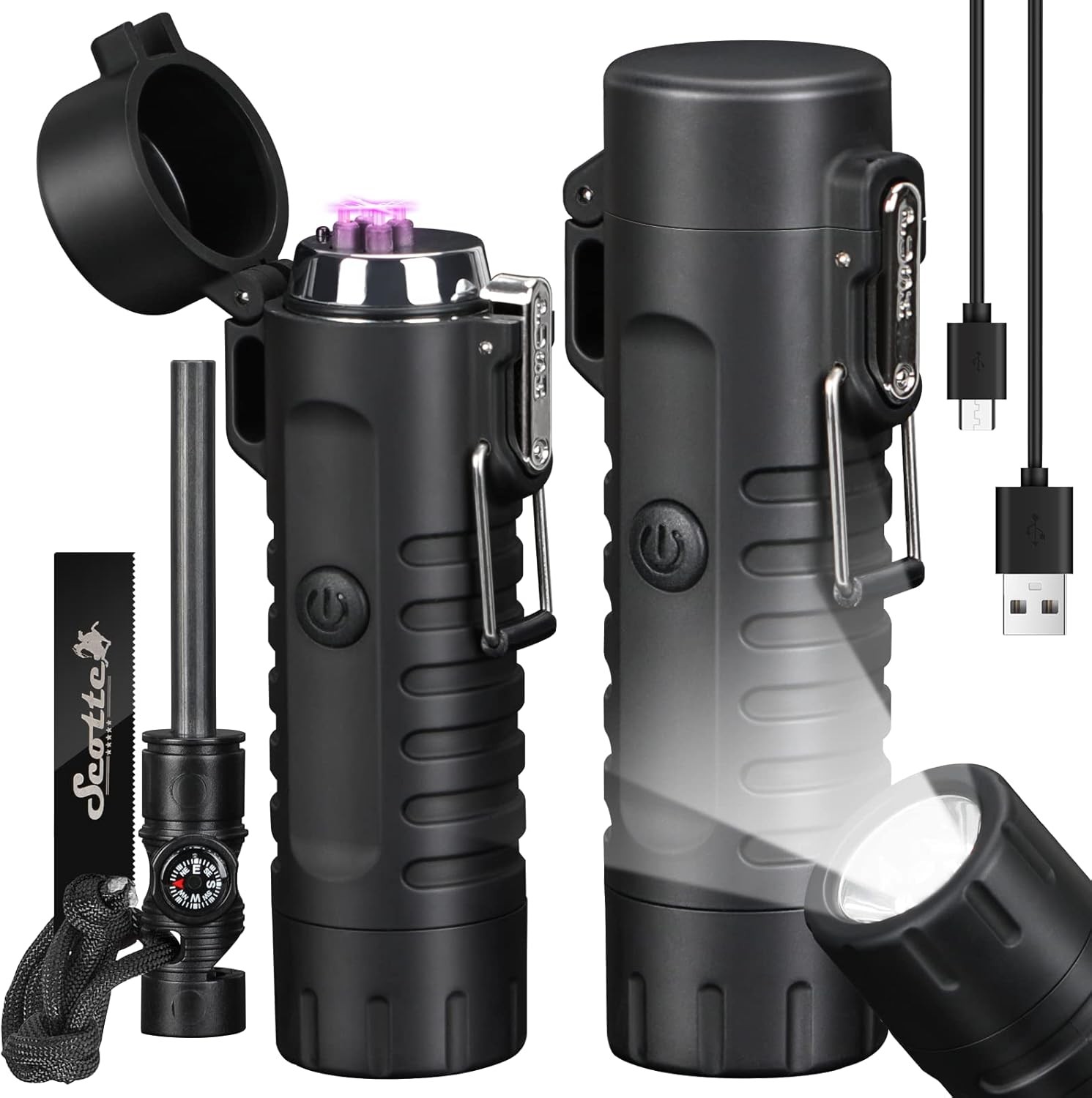 Scotte Plasma Windproof arc Lighter Electric and LED Flashlight Black
