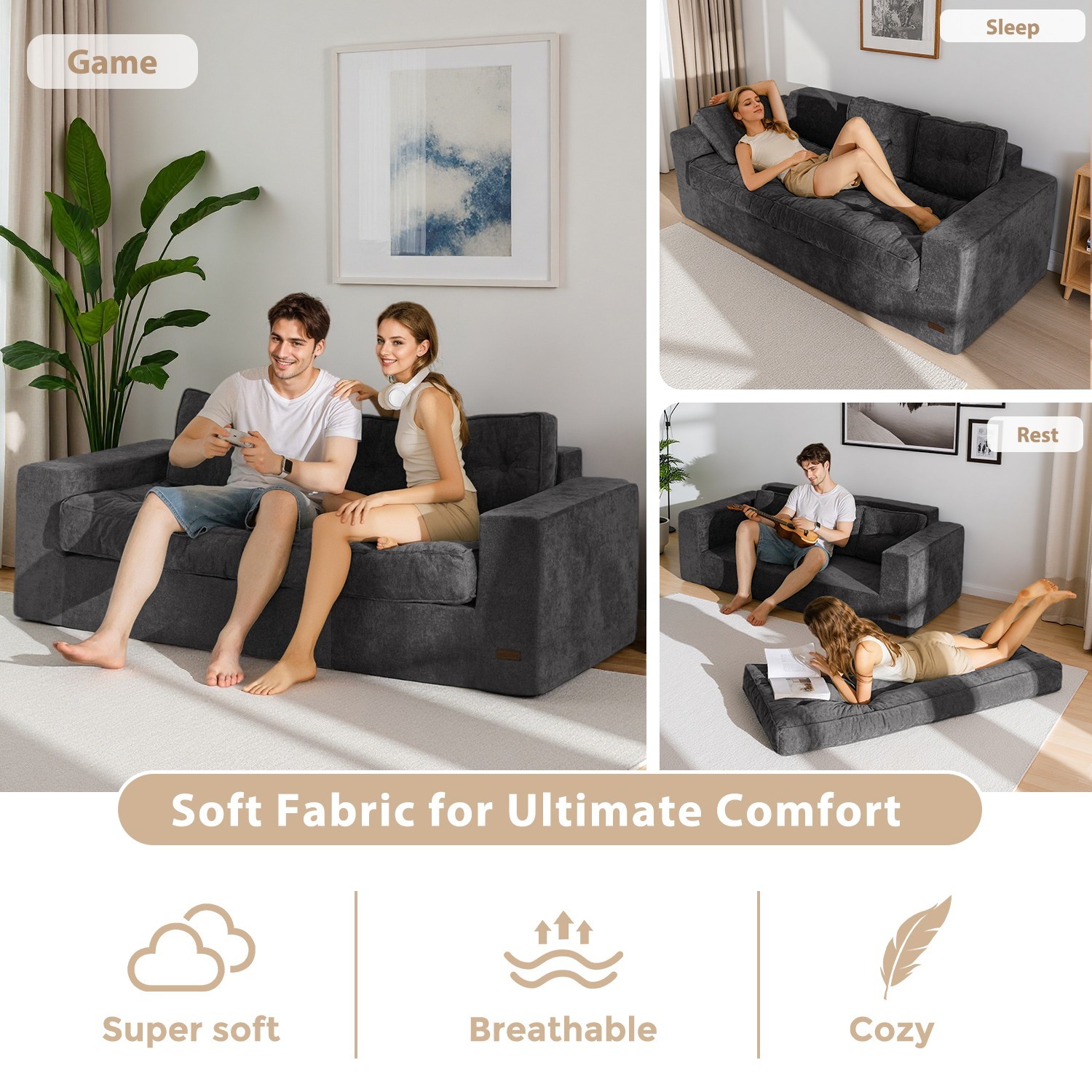 MAXYOYO 3 Seater Boneless Couch,Chenille Comfy Sofa with Extra Deep Seats