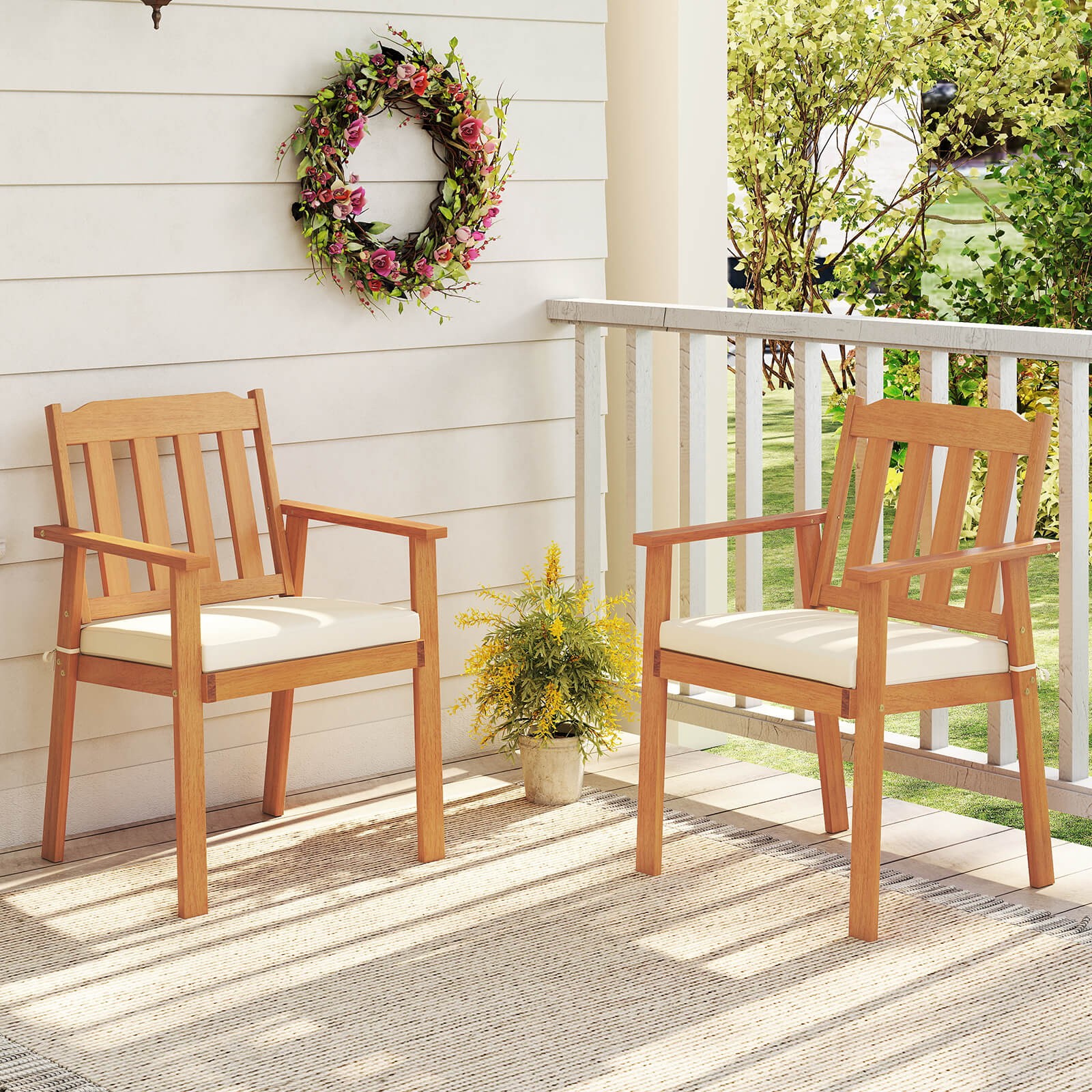 2PCS Patio Dining Chairs w/ Removable Padded Cushion, Armrests Slatted Backrest