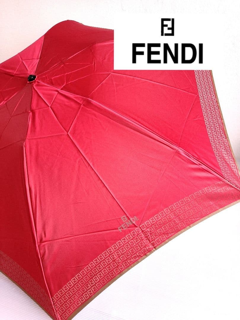 FENDI Zucca Folding Umbrella Red Classic Designer Compact Parasol Authentic