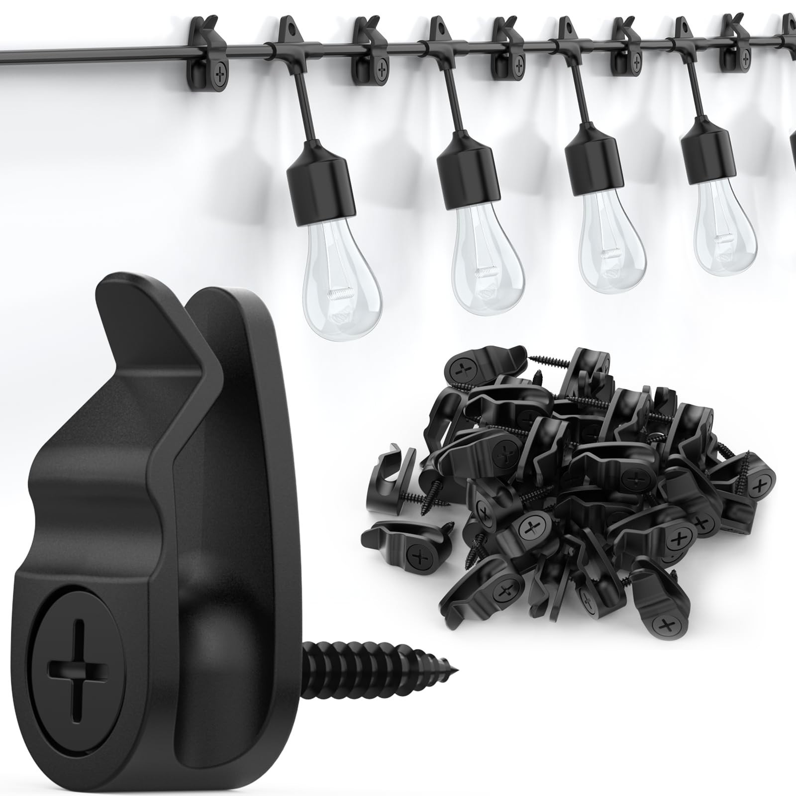 50 String Light Hangers, Durable Cable Clips For Patio Garden Lights, Black
