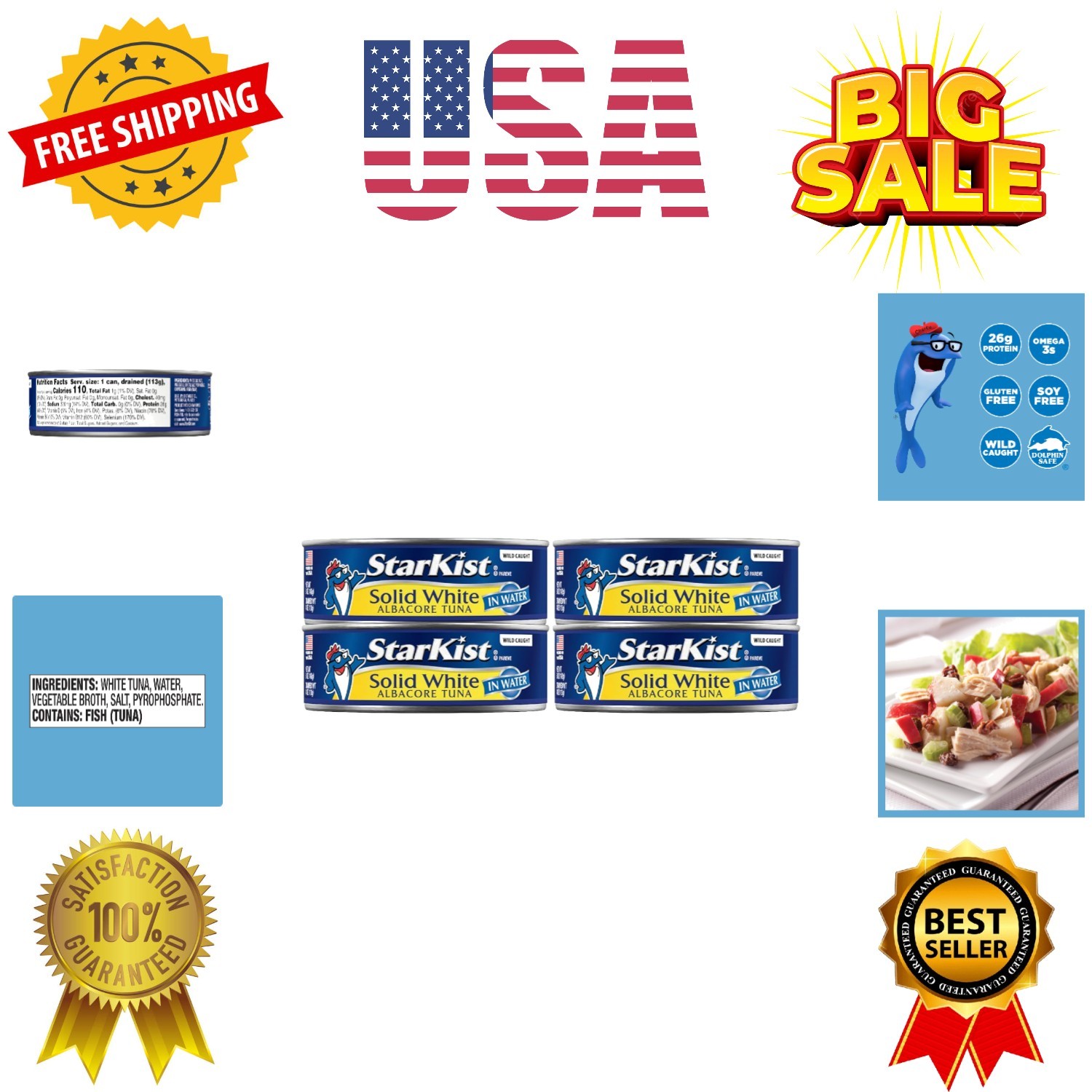 Solid White Albacore Tuna in Water, 5 oz Can, Pack of 4