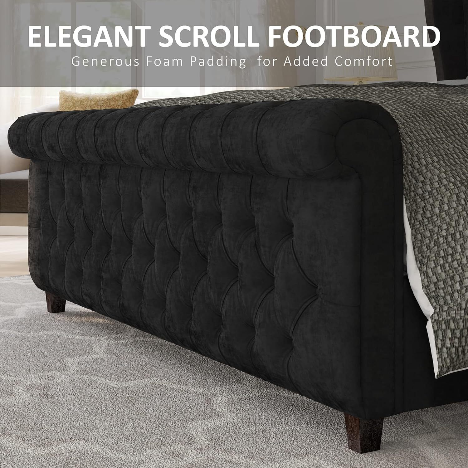 Queen Platform Bed Frame, Chenille Upholstered Sleigh Bed w/Tufted Wingback