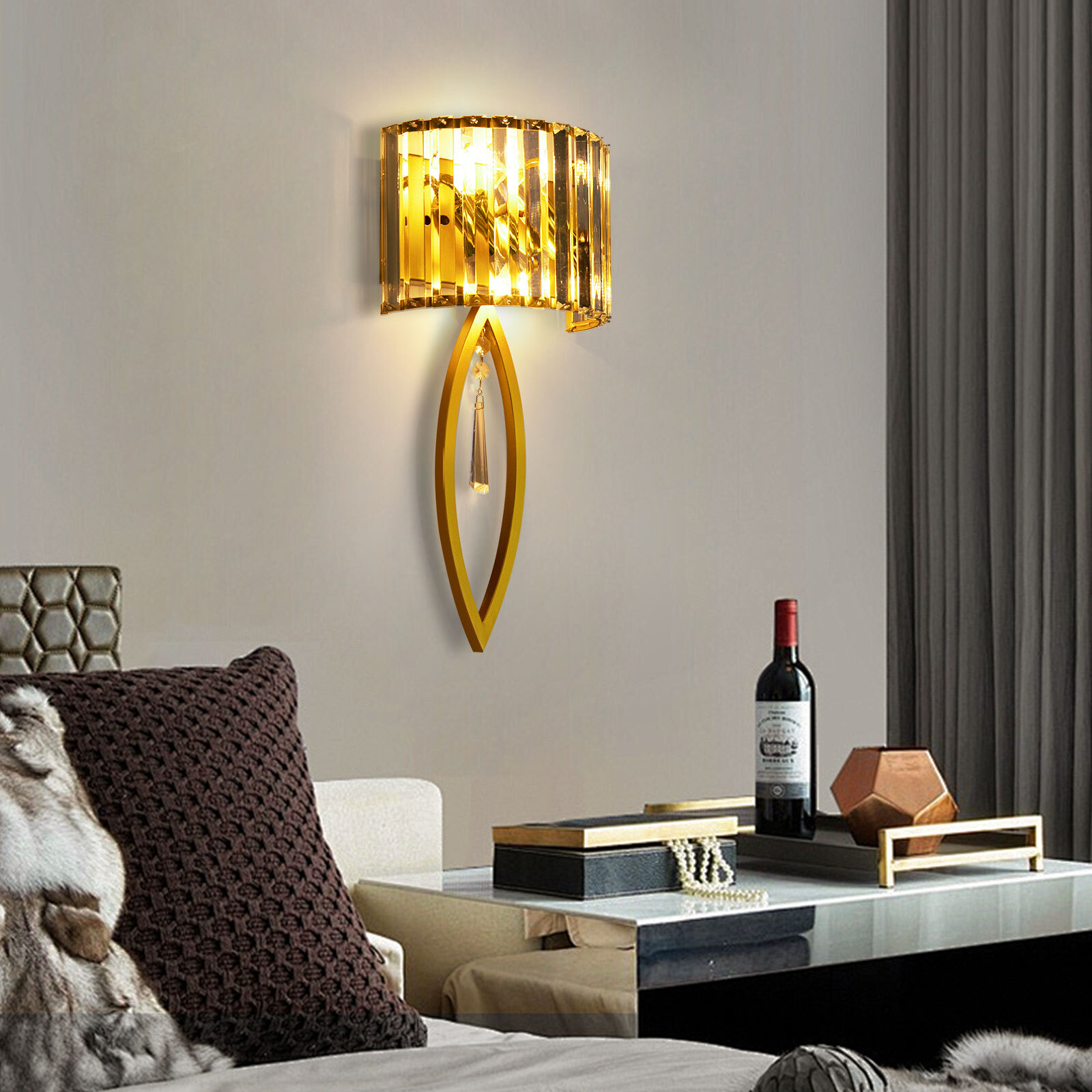 Crystal Wall Lamp, Lamp Living Room Bedside Corridor Wall Lamp, Retro Gold, 110V