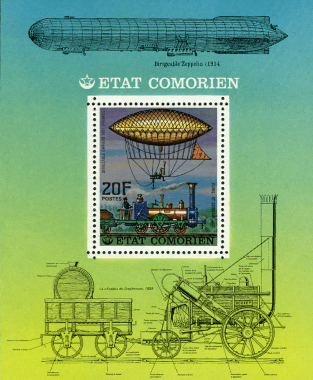 Comoros 1977 Imperf. Luxury Stamp Block N° 339-344 (bl83-89) Airships Transports
