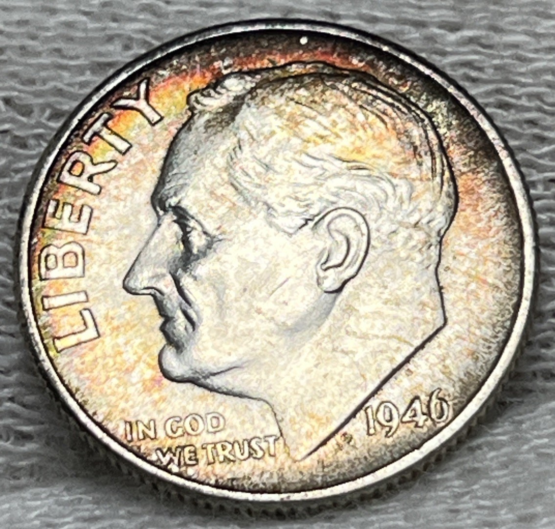 1946 Roosevelt Silver Dime Rainbow Toning Uncirculated #3