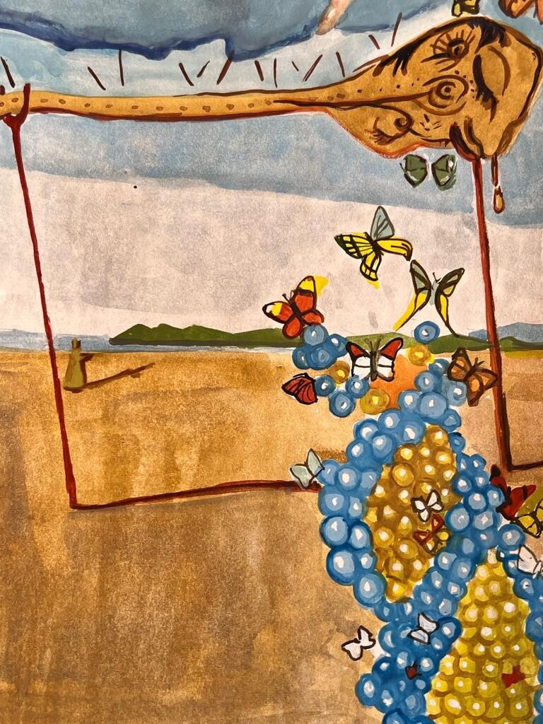 Salvador Dalí (Handmade) Drawing On old Paper Signed & Stamped,Vtg Art