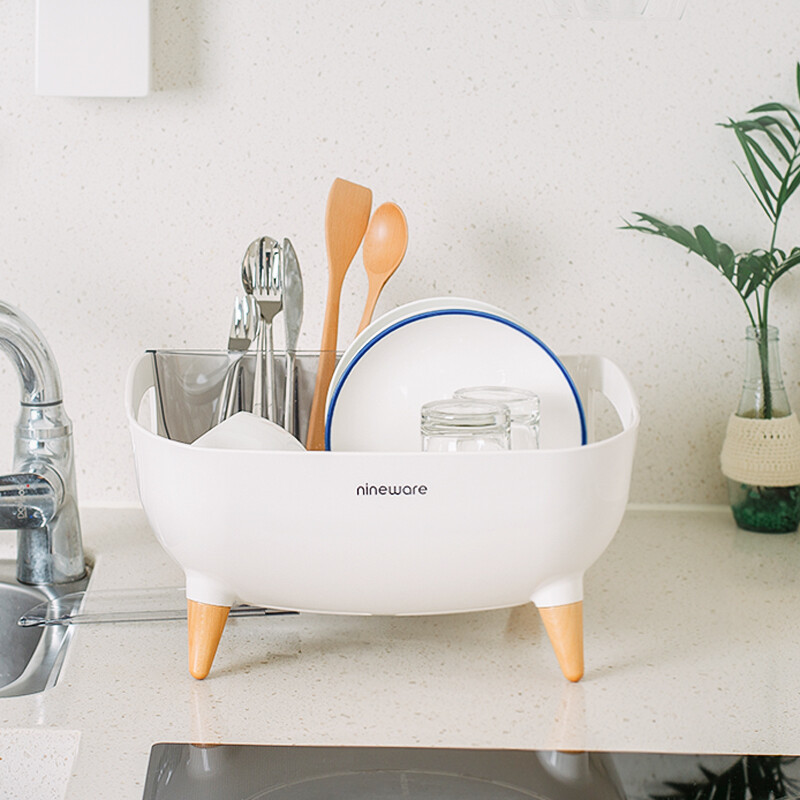 Nineware Kitchen Counter Compact Dish Drying Rack with Rotatable Drain & Holder