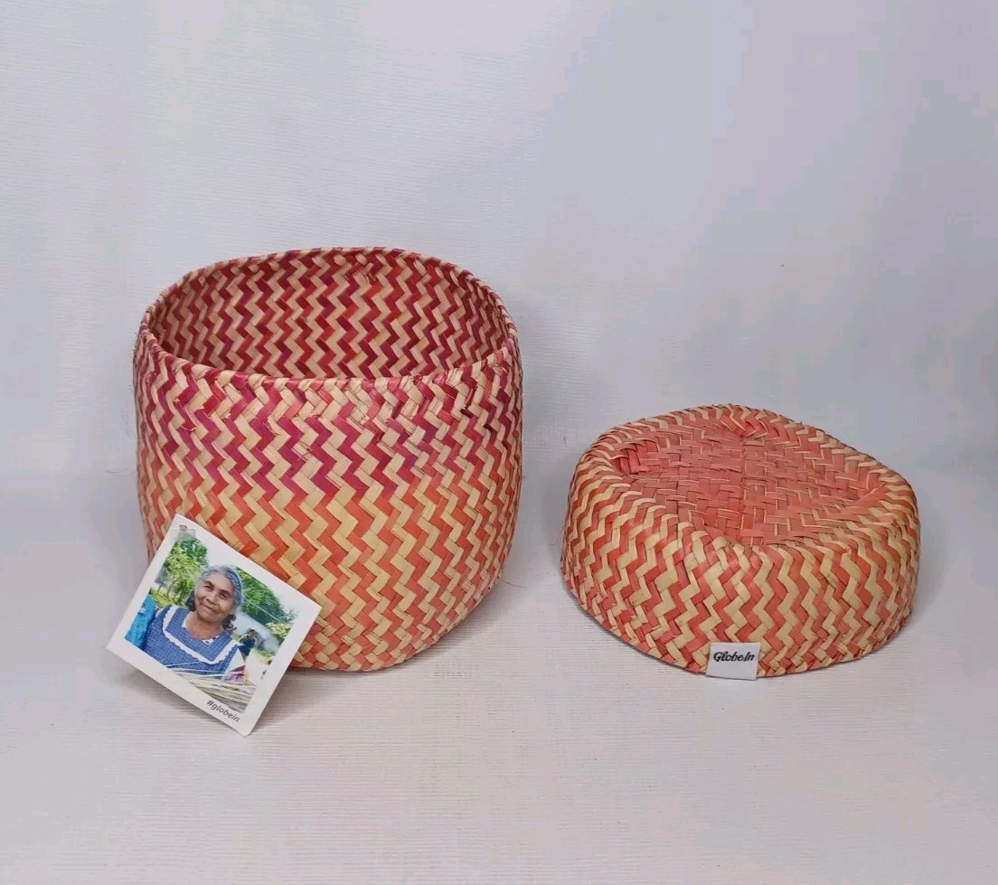 Globe In Handcrafted Woven Palm Leaf Basket With Lid