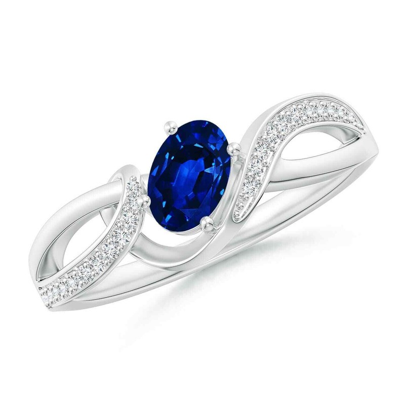 Solitaire 6x4 Oval Blue Sapphire Ring with Pave Side Accents 925 Sterling Silver