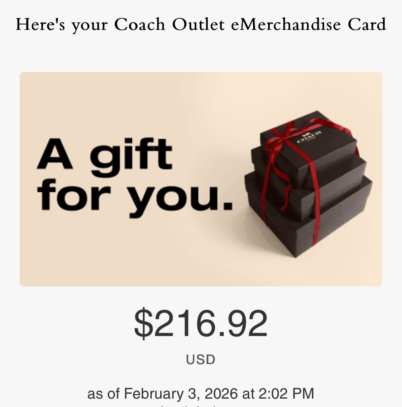 Coach Online Gift Card/eMerchandise Credit $401
