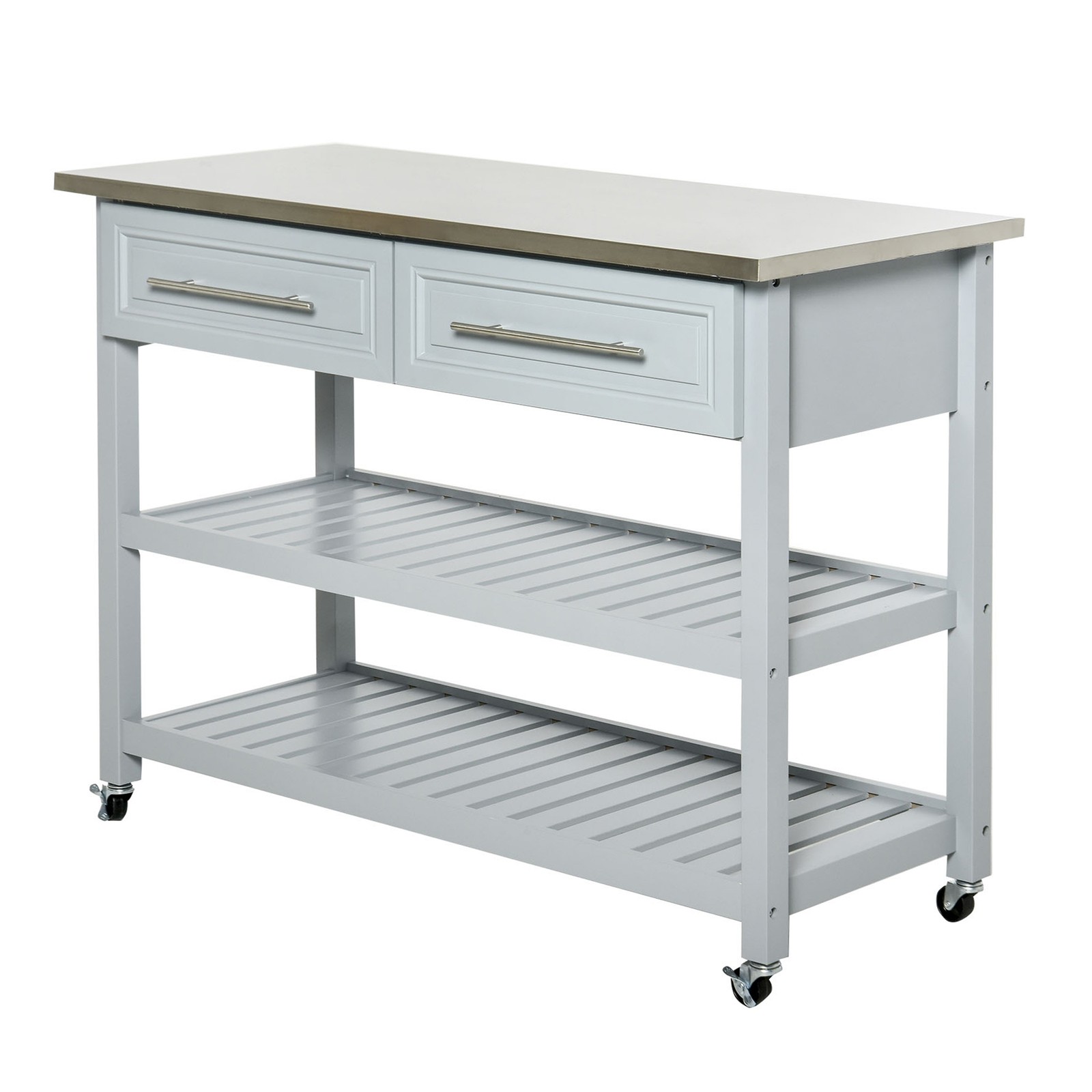 Kitchen Island w/ Stainless Steel Top, 2 Drawers, 2 Shelves & Wheels, Gray