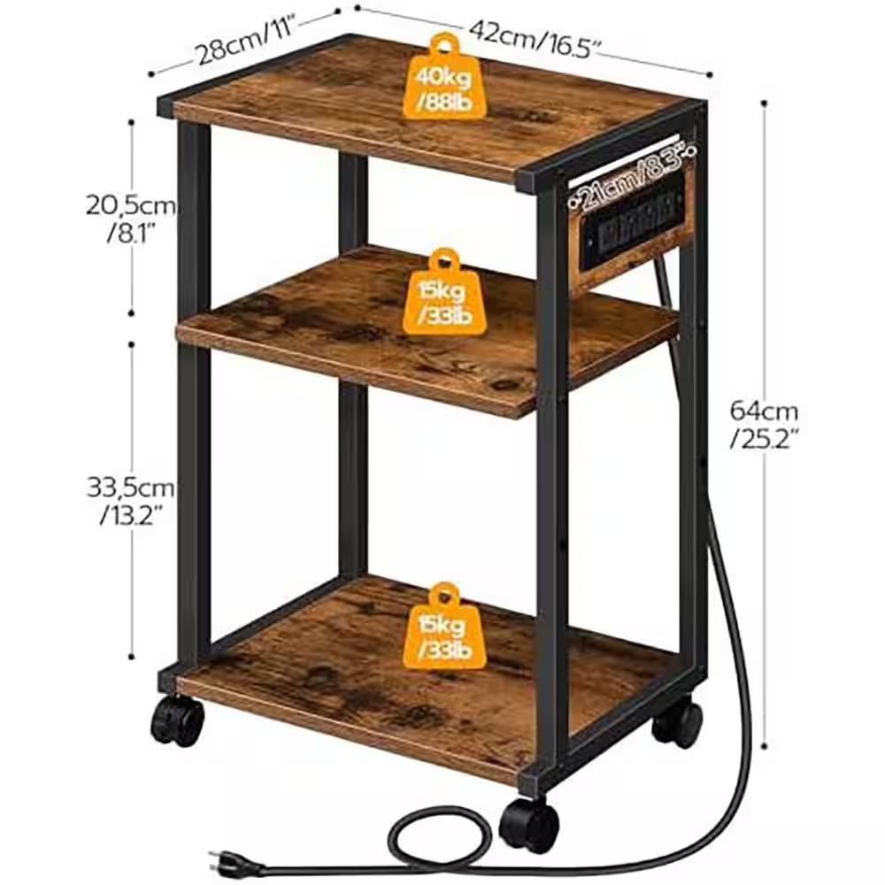 3-Tier Rolling Printer Stand with Charging Station and Adjustable Shelf, Rustic