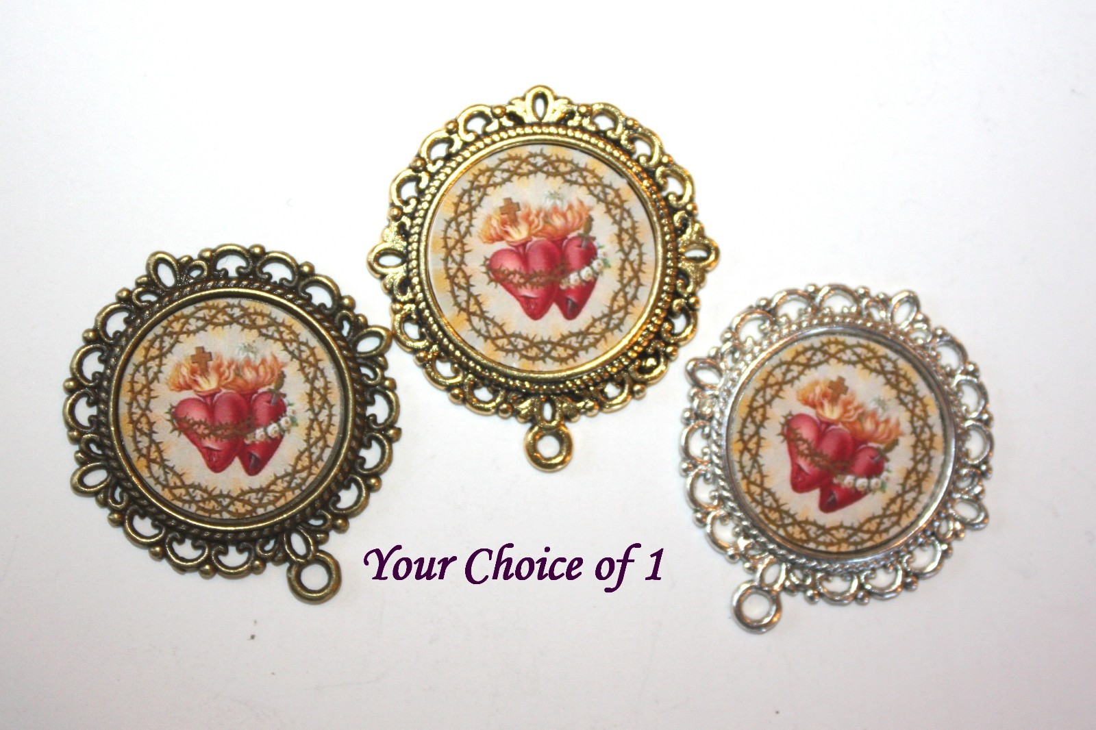 One Jesus & Mary Hearts Entwined Rosary Center ChoiceSilver/ Bronze/Antique Gold
