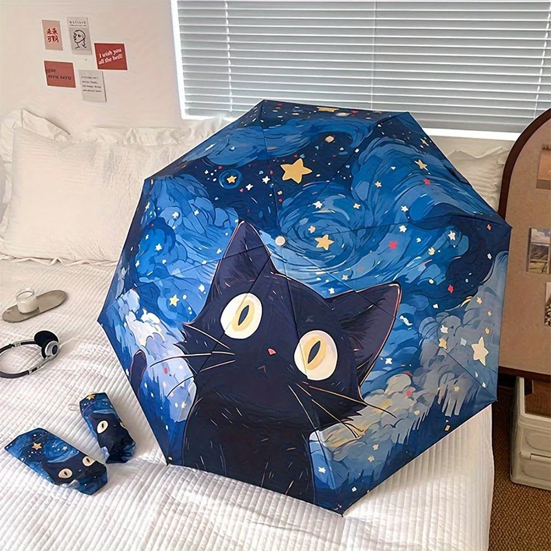 Cartoon Cat Blue Folding Umbrella Professional Sun Protection And UV Protection