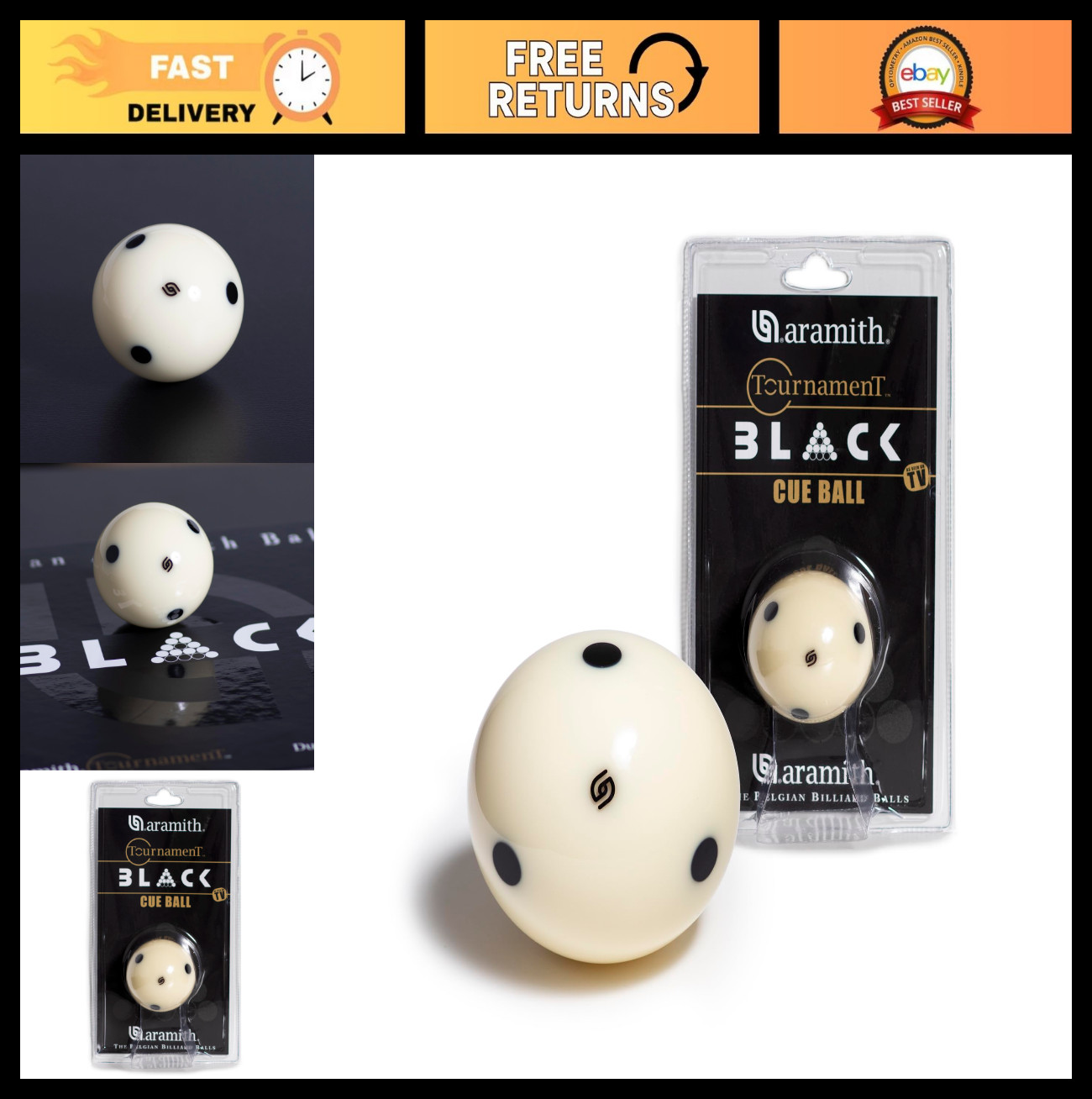 Tournament Quality Black Billiard Pool Cue Ball 2 1/4" with 6 Dots - New!