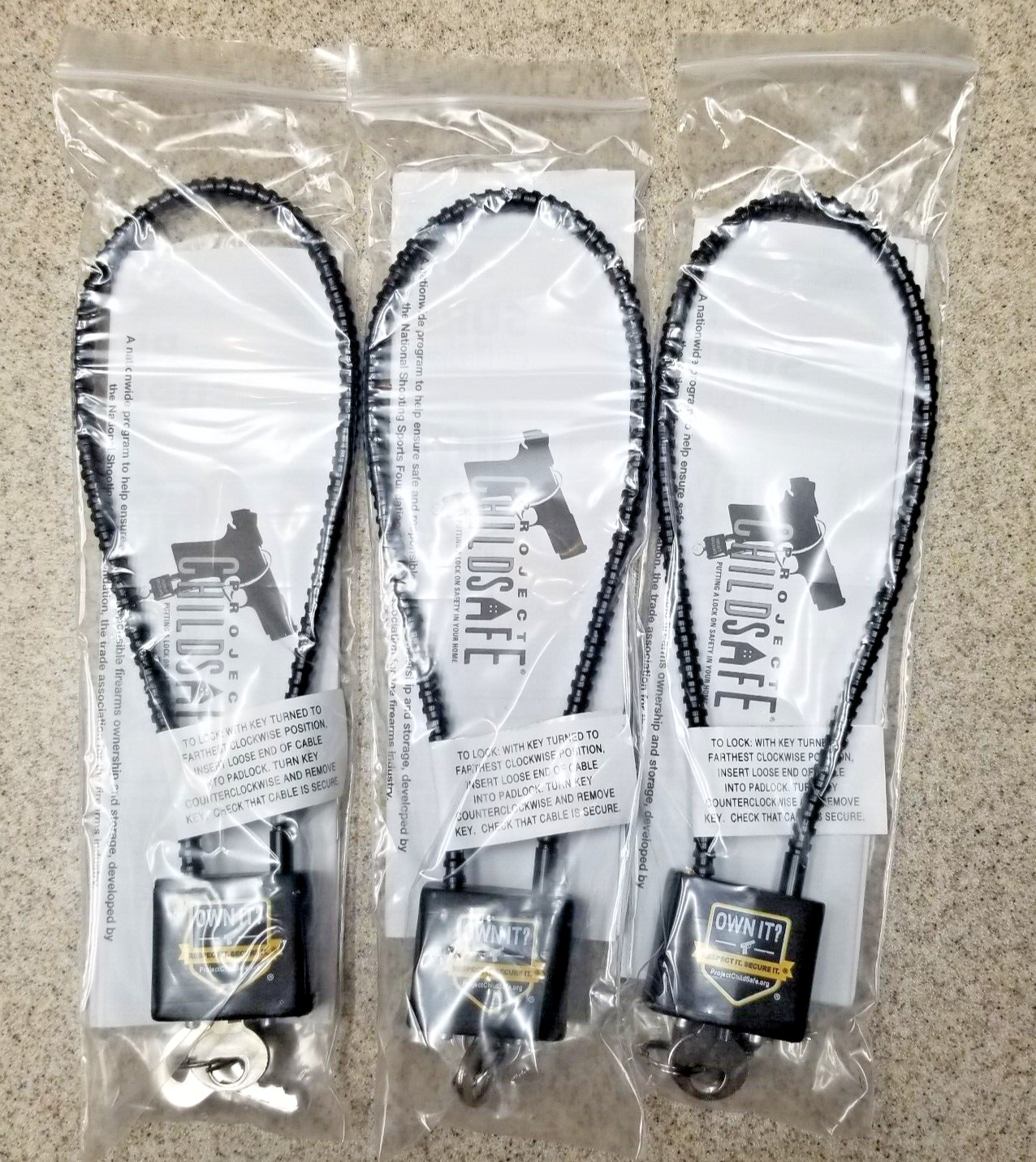 3 PACK Of Project Childsafe Cable Style Gun Lock with 2 Keys - New In Package