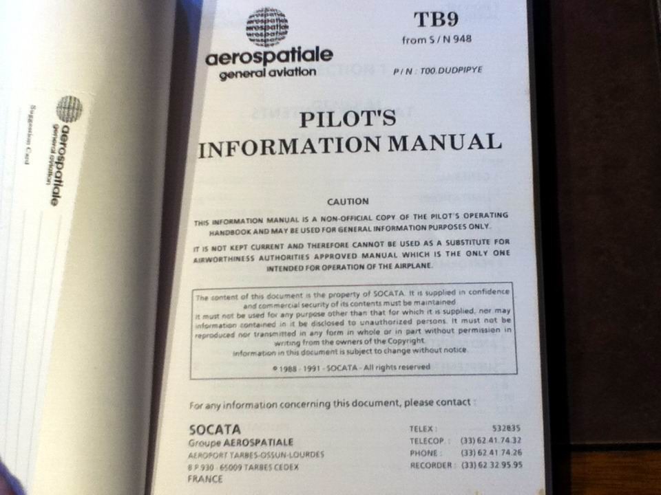 Aerospatiale Socata TB9 Pilots Information Manual