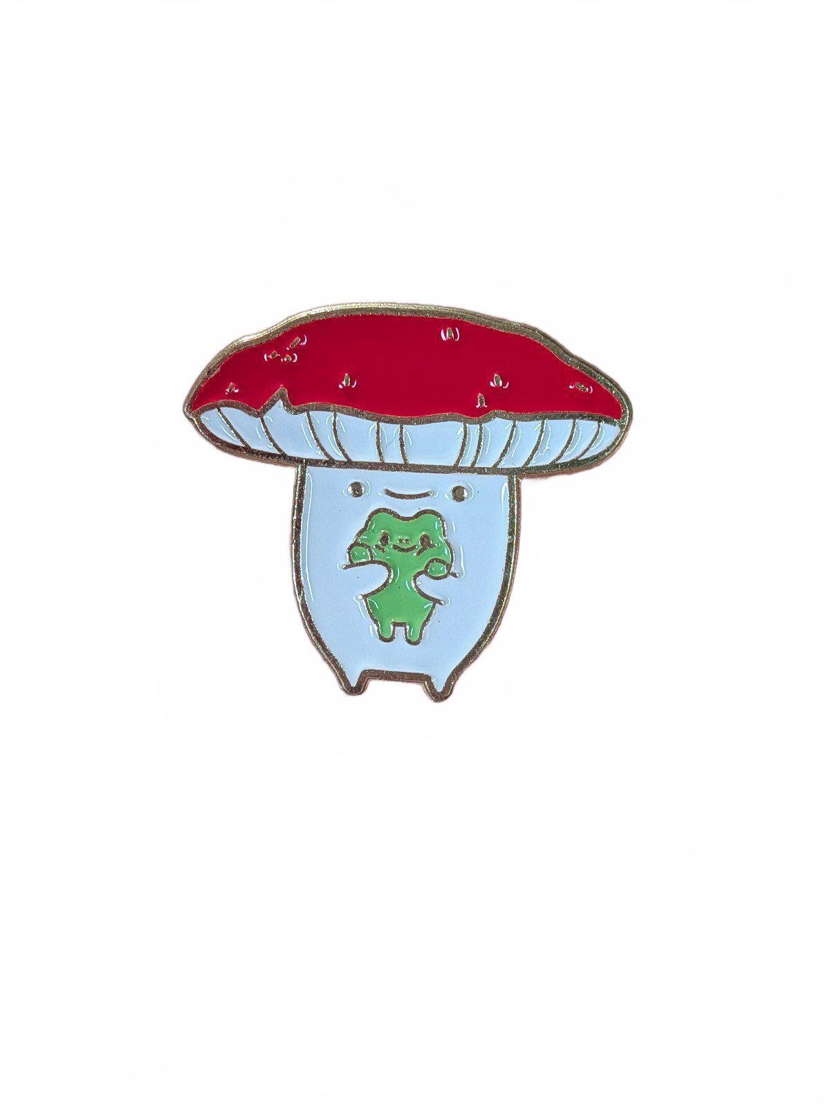 Mushroom with little froggy Buddy Enamel Pin Red White Green