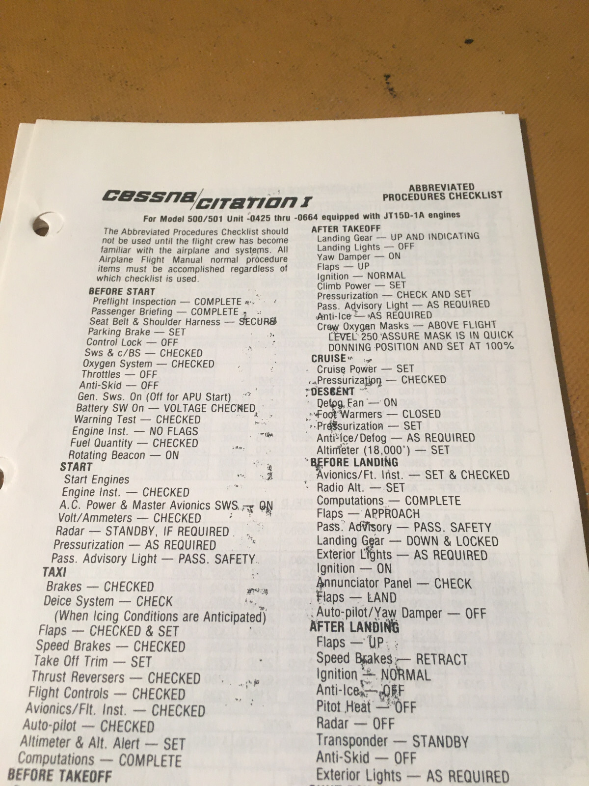 Citation I Mode 500/501 sn 0425 thru 0664 Abbreviated Procedures Checklist