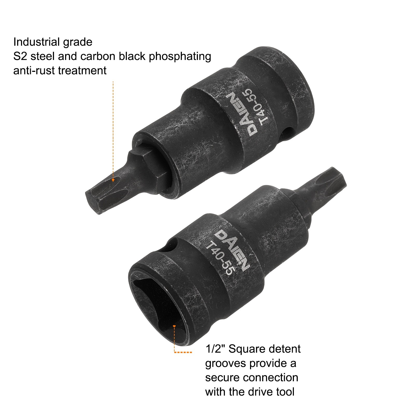 5pcs T40 Torx Bit Socket 55mm Length 1/2" Square Extension Impact Bit Black