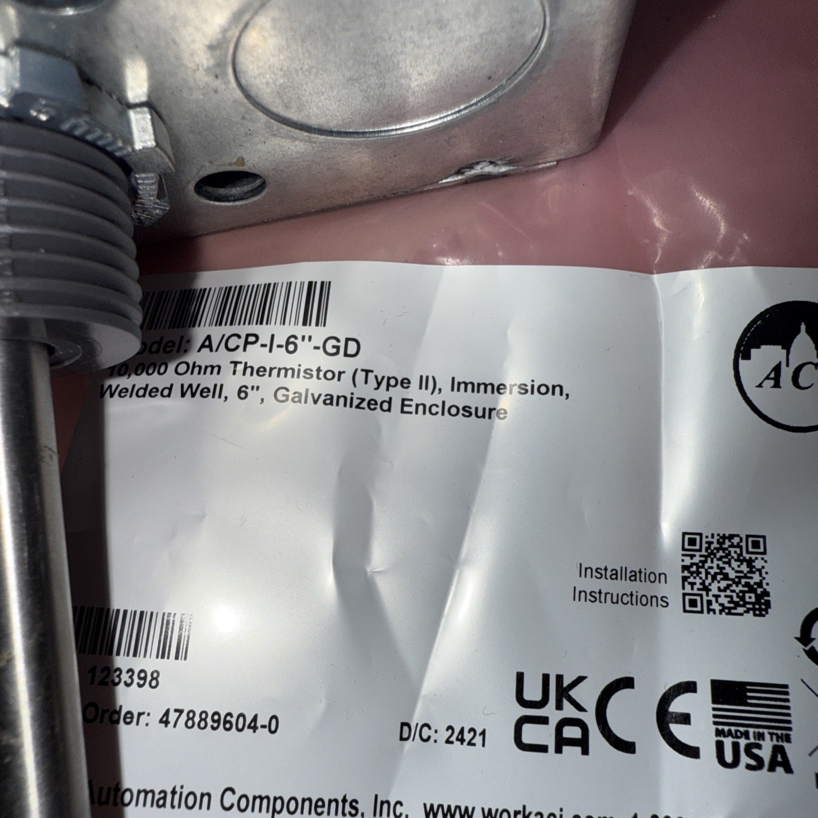 ACI A/CP-I-6”-GD Immersion Pipe Sensor Galvanized Enclosure W/ Extra Stem Thing