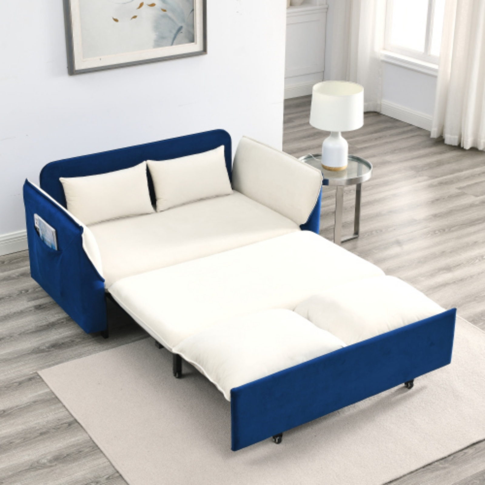 57" Adjustable Sofa with Pull Out Bed Velvet Loveseat 2 Seat Love Seat Sofa