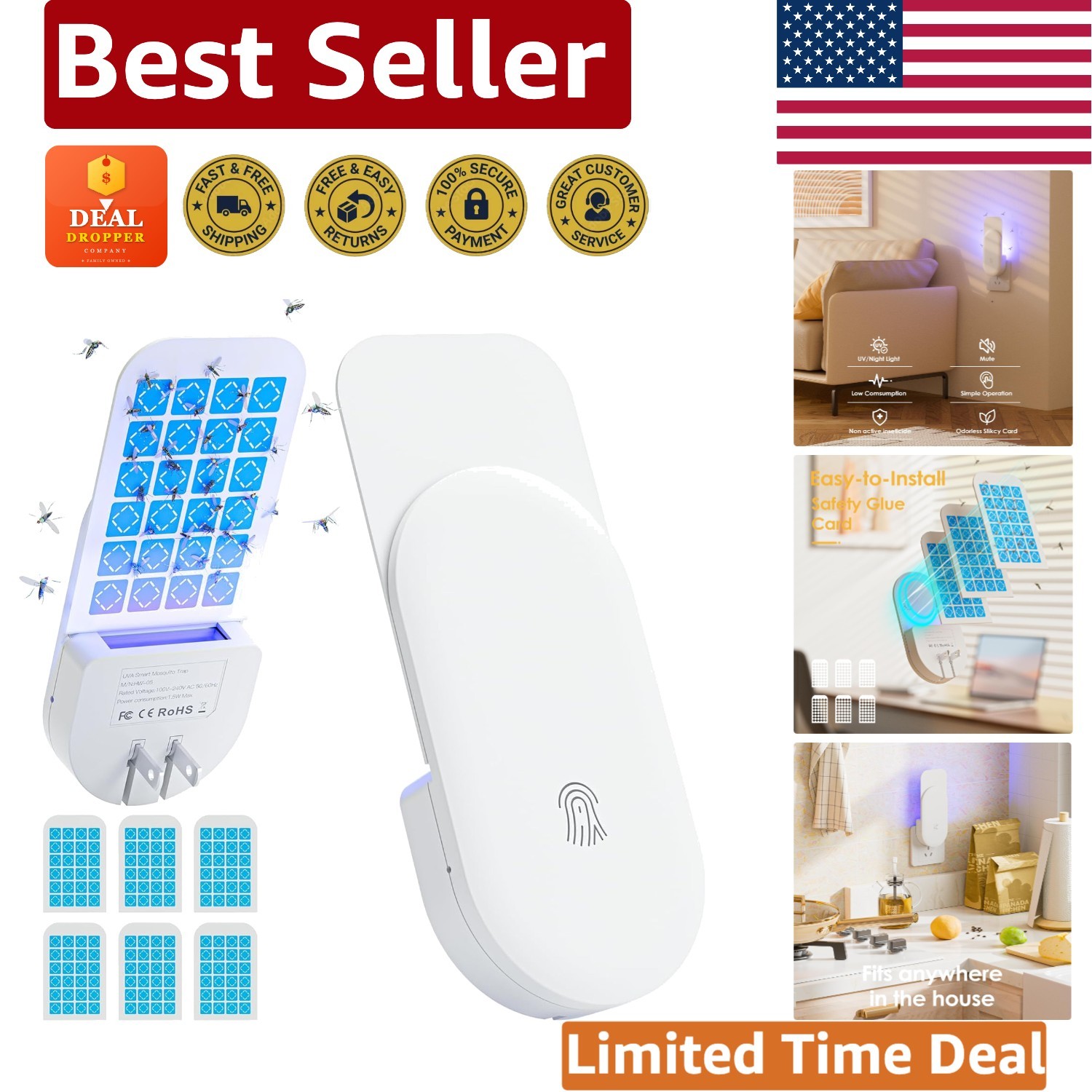 Silent UV Fly Trap - Effective Mosquito & Gnat Catcher with Night Light Feature