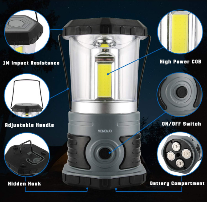 Linterna LED camping 1500 LM, 4 modos, pilas incluidas, resistente al clima