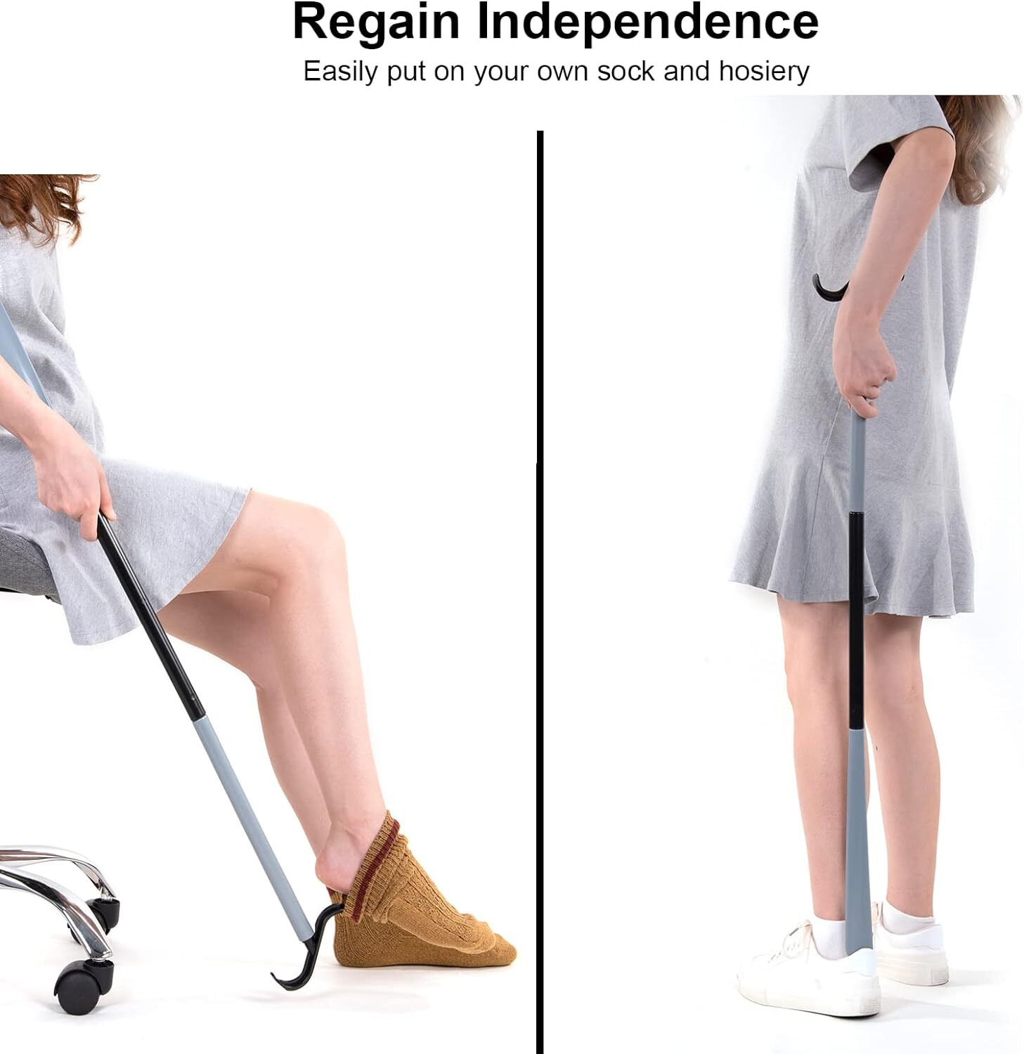 35" Long Dressing Stick With Shoe Horn With Sock Removal Tool, Adjustable Extend