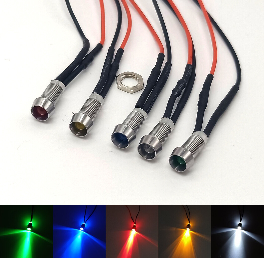 3mm Pre-Wired LEDs 5mm Panel Mount Indicator 3V~220V Red Yellow Blue Green White