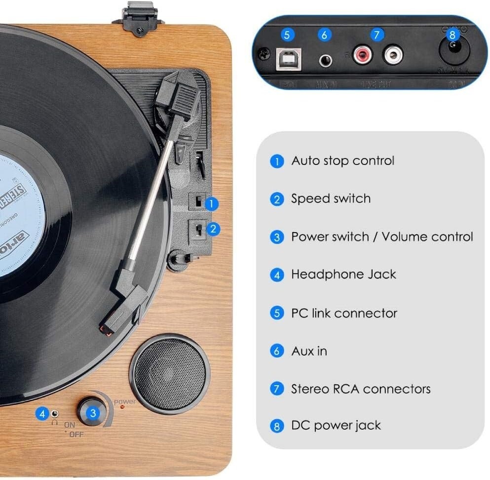 Tocadiscos Bluetooth De 3 Velocidades Con Altavoz, Reproductor De LP Portátil