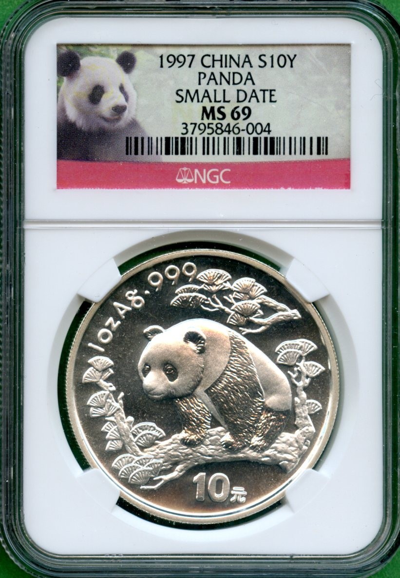 China  1997    PANDA SILVER    1 oz    SMALL  DATE     NGC  MS 69  10 YUAN