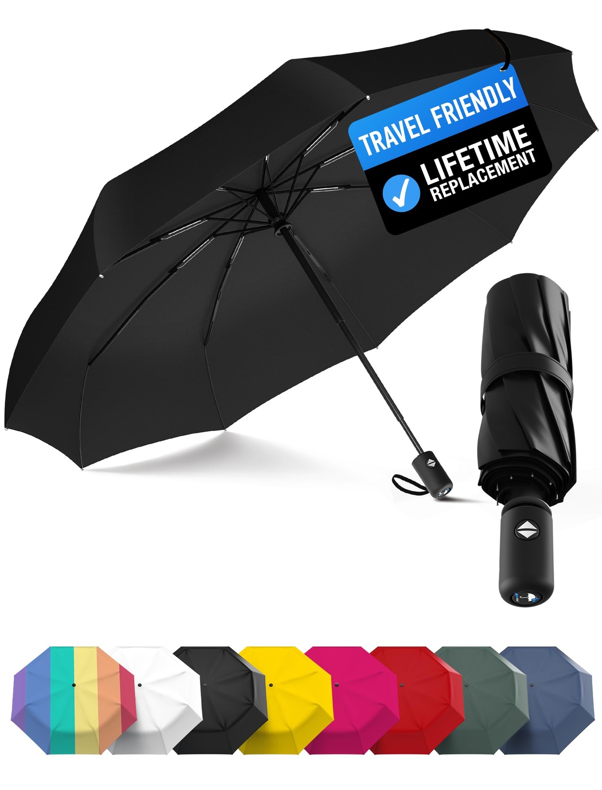 Rain-Mate Windproof Compact Umbrellas for Rain - Strong Compact, A.Black