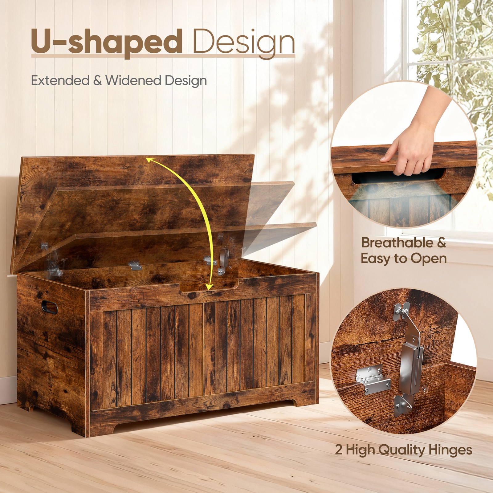 Storage Chest Storage Bench with Safety Hinge White for Playroom Rustic Brown