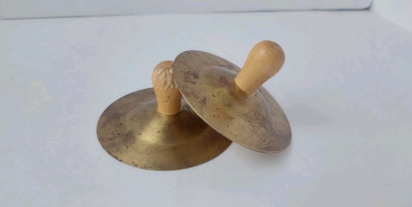 Pair Brass Hand Cymbals Wood Handles 3.25” Across. Band Kids Music. Some Tarnish