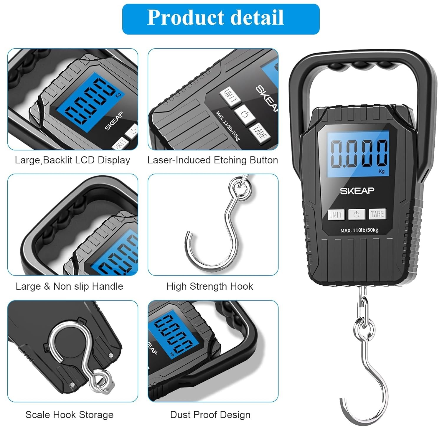 Portable Hanging Scale with Data Lock & Backlit Display - 110lb Capacity