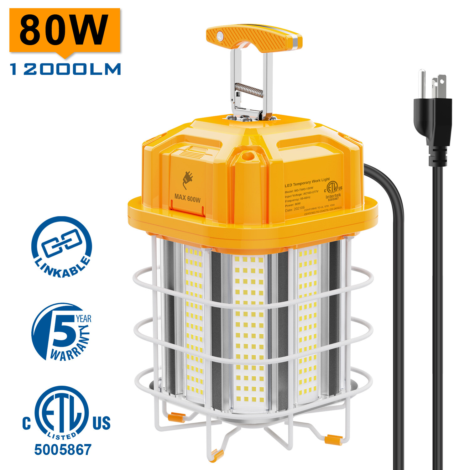 80W LED Temporary Work Light Industrial Construction Lights Linkable Lamp 5000K