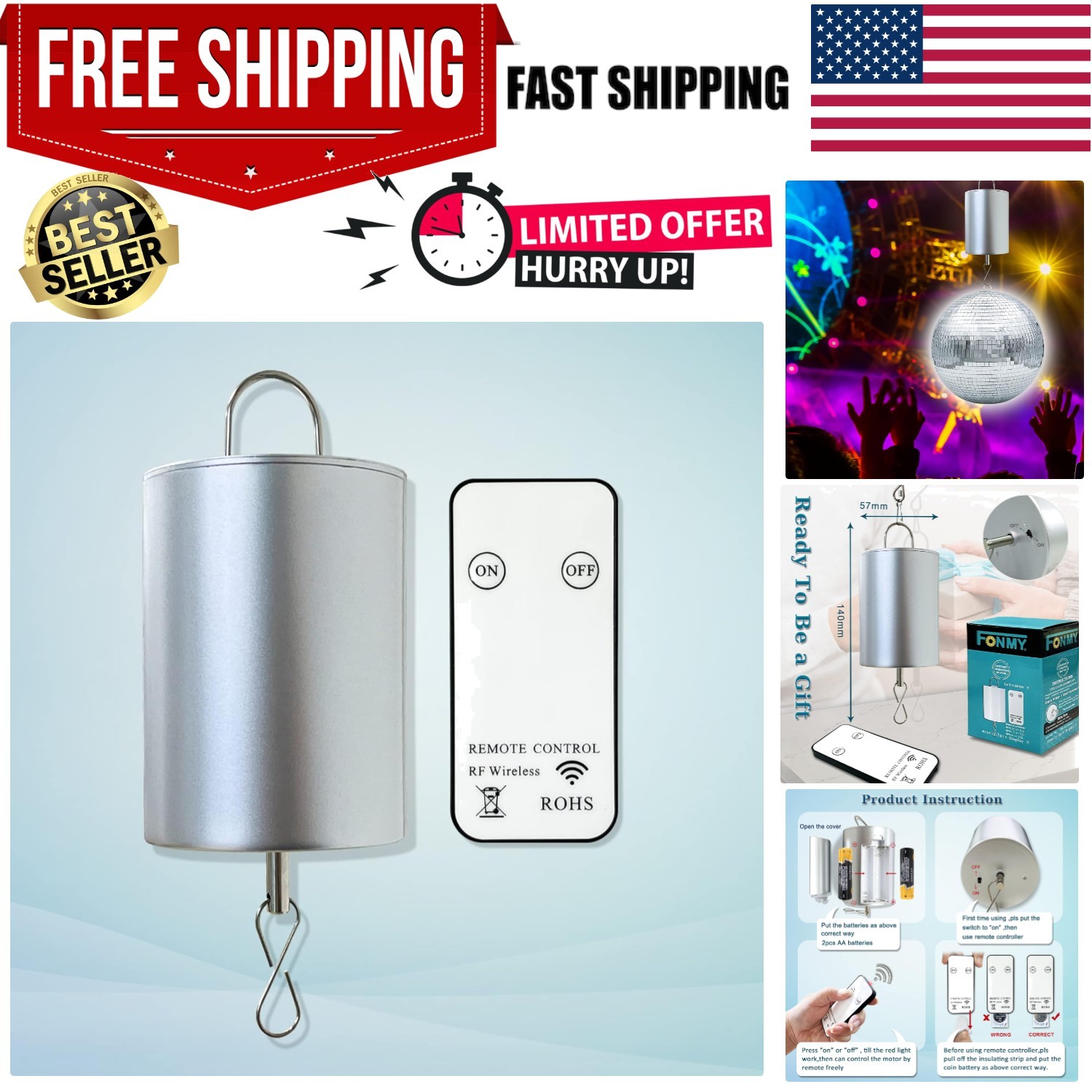 Elegant Silver Disco Ball Motor - Remote-Controlled for Effortless Decor Magic