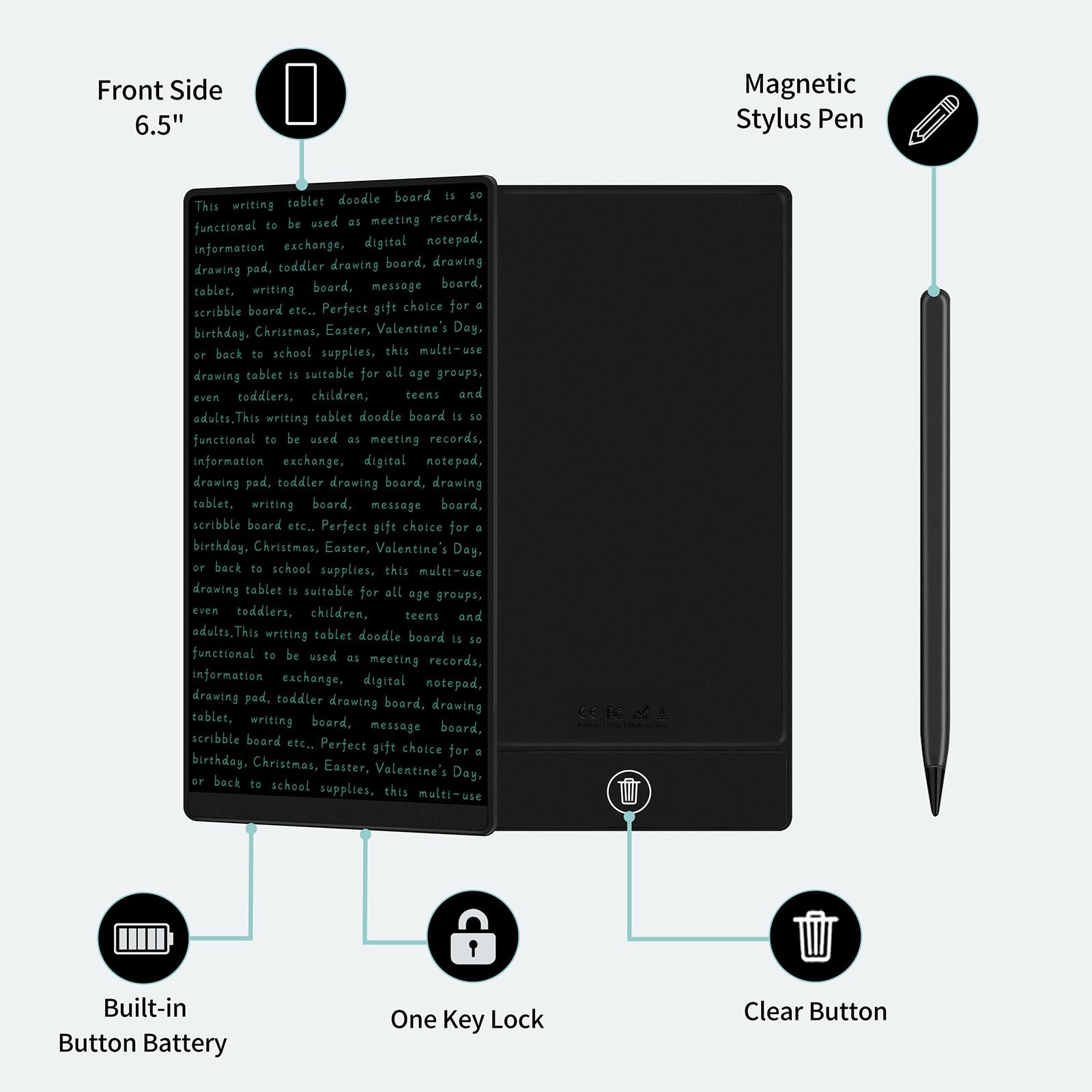 6.5 Inch LCD Writing Tablet, Portable Reusable Digital Notepad for Office Study