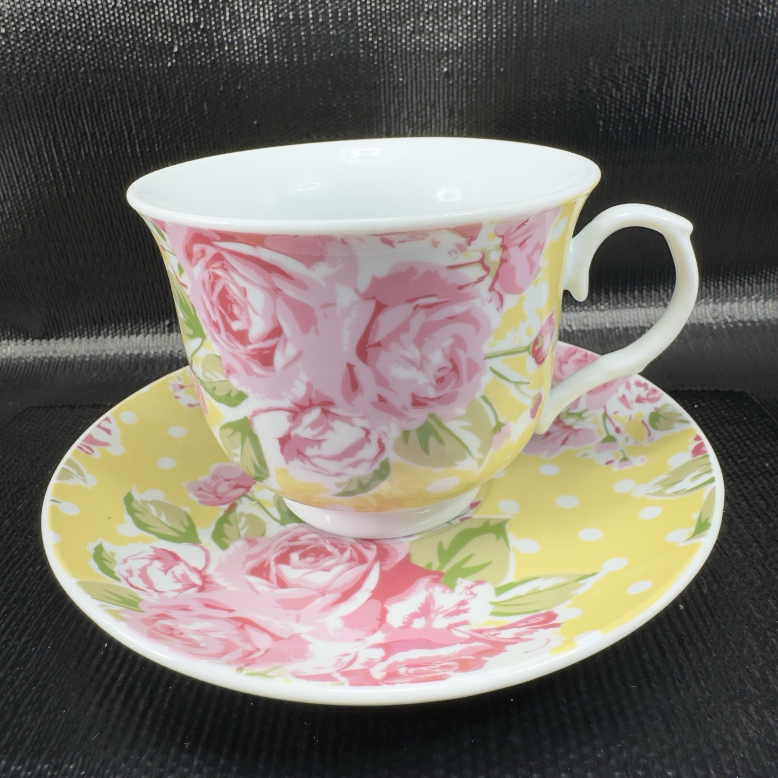 Kent Pottery Fine Porcelain Teacup And Saucer Set Floral Pattern 12oz Yellow VTG